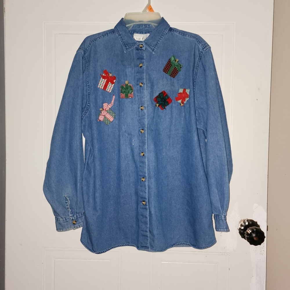 Embroidered Blue Denim Button Down Shirt